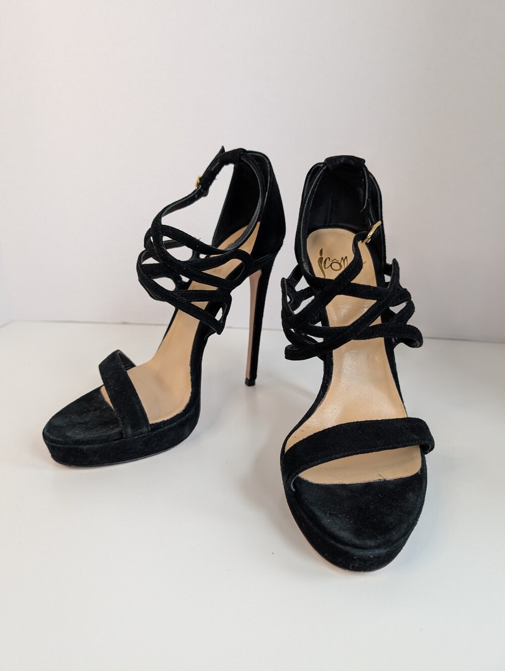 Icône (Made in Italy) Black Suede Strappy Platform Stiletto Sandals - 38 🖤